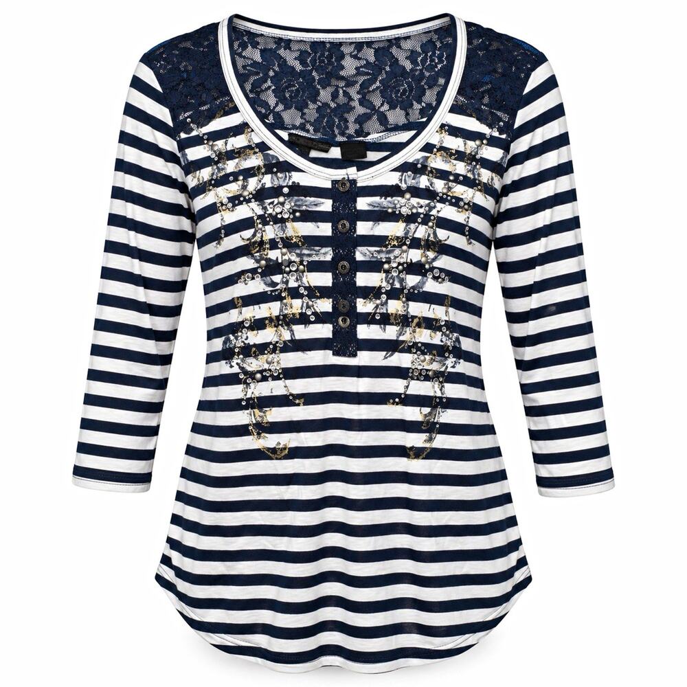 MISS ME Navy White Striped Lace Yoke Button Scoop Neck Top L